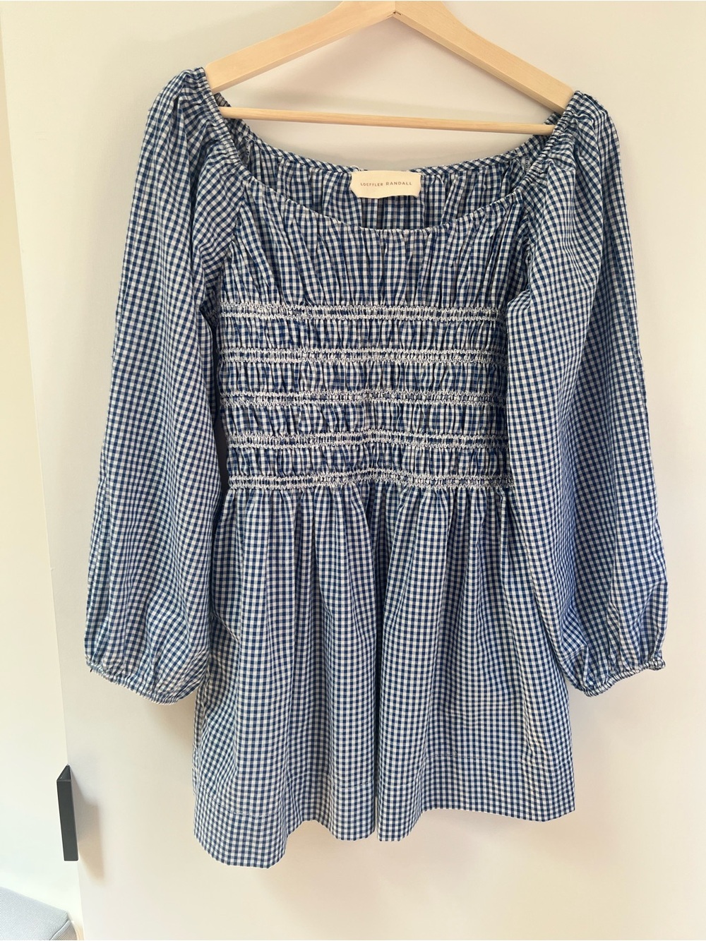Loeffler Randall Navy and White Gingham Smocked mini dress.
